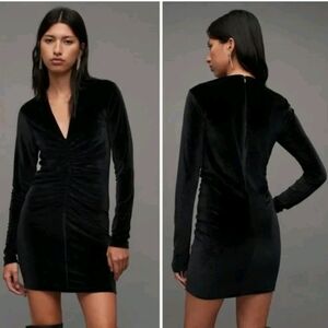 ALLSAINTS Anya Black V-Neck Ruched Long Sleeve Velvet Mini LBD Dress 4 US Small